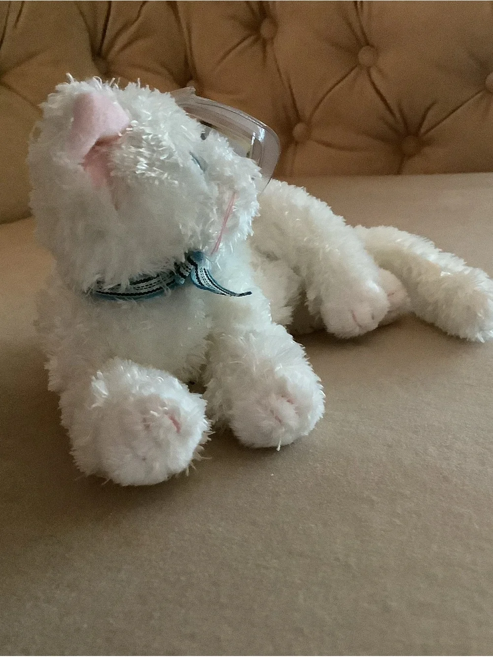 Ty White Plush Kitten with Blue Ribbon - Starlett